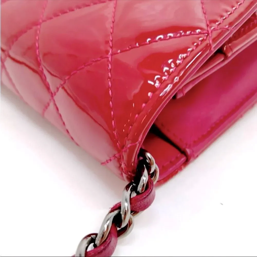 Auth Chanel Brilliant Pink Quilted Patent Leather Wallet on Chain (WOC) Clutch